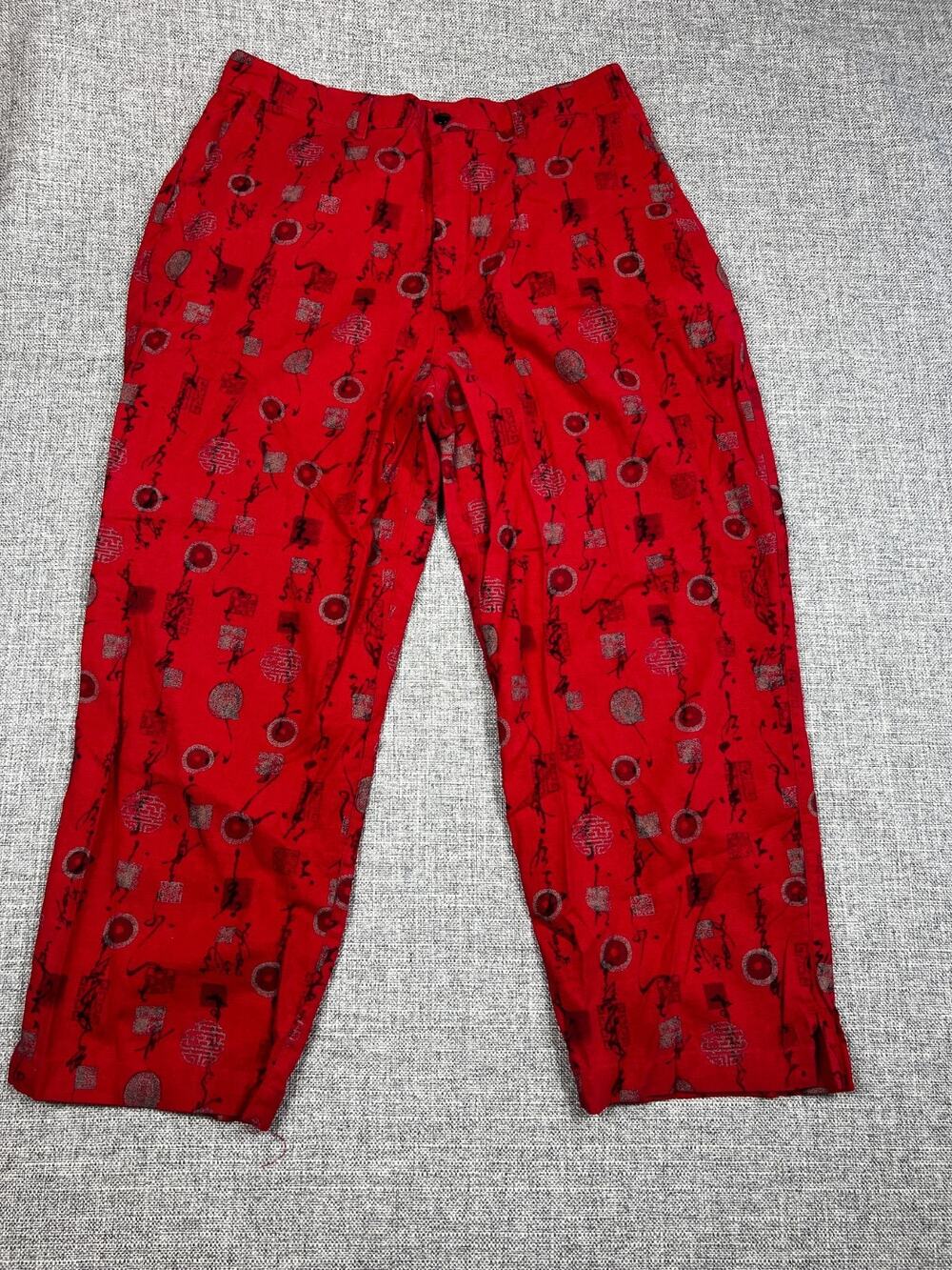 Chico's Design Linen Blend Pants Womens 1 M Red Asian Print Cropped Ankle